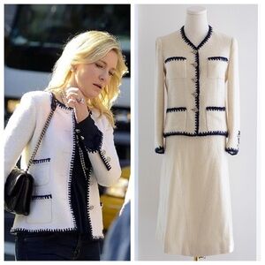 Chanel Vintage Haute Couture 1970s Blue Jasmine White Navy Tweed Jacket Suit